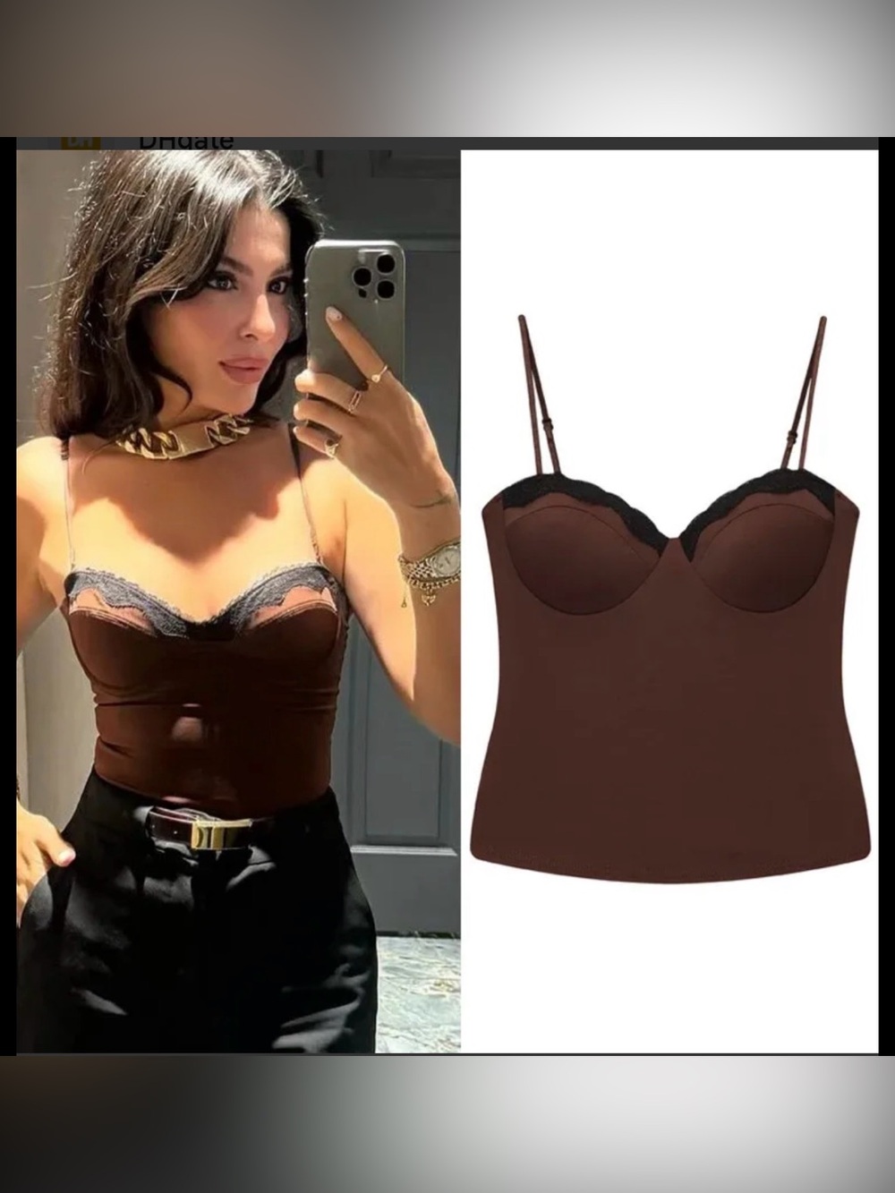 Zara Brown Lace-Trim Cami Top